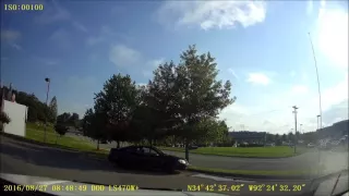 8-27-2016-A  Mustang Convertible loses control, goes over curb into bank lawn