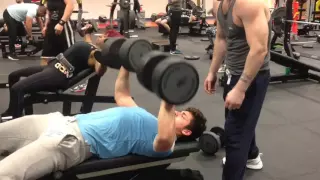 16 year old chest pressing 50kg Dumbbells for reps