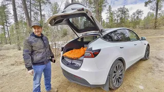 Car Camping with a Tesla Model Y Electric Vehicle in CAMP MODE