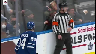 Auston Matthews upset at the referee after a missed call that led to an OT goal