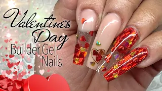 Red Valentines Day Nails | Mia Secret BioBuilder Gel Nails | Encapsulated Red and Gold Hearts