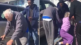 3 Young Men Run From Gas Station To Grab Shaky Elderly Couple As Cop Stands In Awe Of Kindness