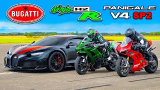 Bugatti Chiron SS v Kawasaki H2R v Ducati Panigale SP2: DRAG RACE