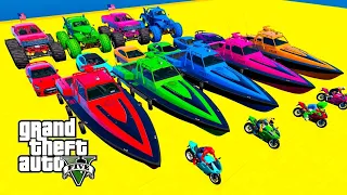 GTA V Mega Race Challenge with SpiderMan and Superheroes on Supercars Planes Boats and Motorcycle 3