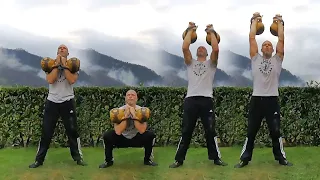 Slow Motion Double Kettlebell Dead Clean into Squat Thruster