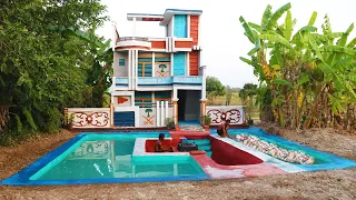 Building The Most Creative 3-Story Mud Villa With Swimming Pool , Fish Pond & Cooking Stove [full]