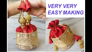 wedding potli bag making at home - cutting & stitching  waste lace reuse idea /scrap fabric reuse /