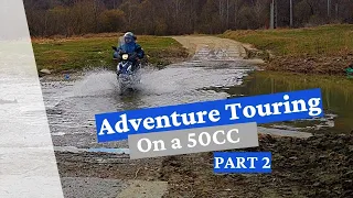 Adventure touring on a 50cc! Things get wet and snowy.