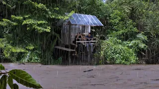 Heavy rain camping - Hit by rain while building a multi-storey shelter on the river