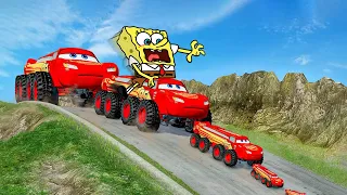 Ohh No !! Spongebob reaction Big & Small Lightning Mcqueen Tank vs DOWN OF DEATH 🚓 BeamNG Drive Car