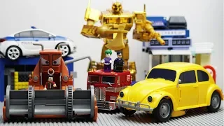 Transformers Bumblebee vs Disney Cars Frank Color Robot Truck Lego Bank Robbery & Police Car