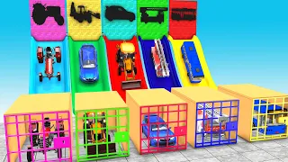 Choose The Right Mystery Door With JCB Tractor Car Fire Truck Bus Escape Room Challenge vehicle Game