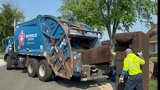 Republic Services Rear Loader Garbage Truck Packing Tons of Couches