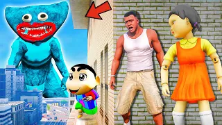 Franklin and Shinchan & HUGGYY WUGGY play HIDE AND KILL with Squid Game Doll In GTA 5