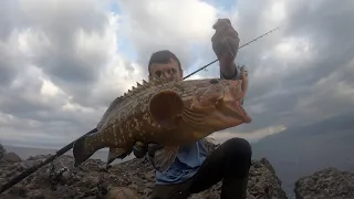 A Nice Brown GROUPER from shore - Deep SPINNING in ITALIA - Una bella CERNIA BRUNA da scogliera!