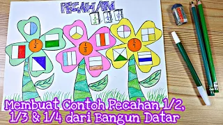 Membuat Contoh Pecahan 1/2, 1/3 dan 1/4 dari Bangun Datar Kelas 2 SD Tema 7 | Pecahan Bangun Datar