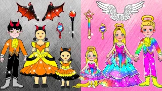 Vestir Muñecas De Papel | Rapunzel Angel Vs Squid Doll Devil Family Dress Up | Woa Doll En Spanish