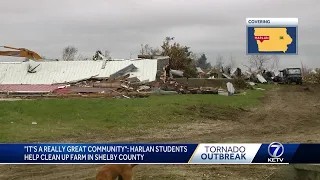 Harlan students help clean up farm; Governor Reynolds surveys storm damage