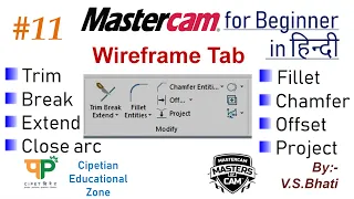 Mastercam Wireframe Tab || Trim, Break, Extend, Fillet, Chamfer, Offset, Project, Close arc || basic