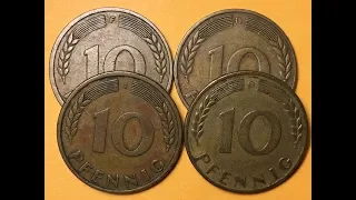 Germany 10 Pfennig Coins 1950 Collection of Mint Marks