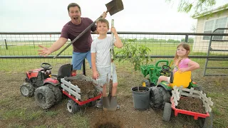 Using tractors to dig in the dirt and plant trees | Tractors for kids