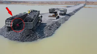 Great Work Techniques Build Road In the Pit By Operator Skill Bulldozer Spreading Stone into Water