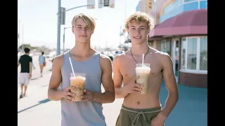 💜 Sip, Share & Celebrate🧋Beautiful Boys Indulge in Frappuccino Magic on the Shores of LA! 🏳️‍🌈 (AI)