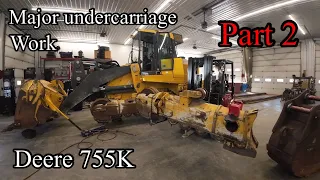 John Deere 755K crawler track loader major undercarriage repair work, removing track frames part 2