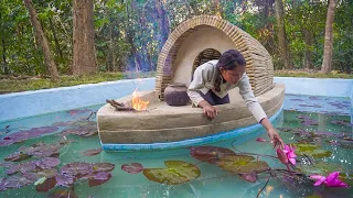 Girl BUSHCRAFTS build Boat House Around Swimming Pool Step by Step from Start to Finish