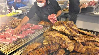 Argentina Street Food. Huge Lot of Grilled Meat. Large Steaks, Asado, Ribs, Sausages.