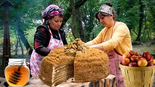 We Prepared Honey Cake and Walnut Apple Dessert in the Forest in the Village