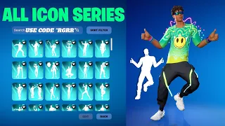 ALL FORTNITE ICON SERIES & NEW TIKTOK EMOTES (SONIC SURFER, REBELLIOUS, BACK ON 74, SHOW YA!)