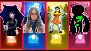 Wednesday Adams + Megan M3gan + Squid game doll + Secret character Tiles Hop EDM Rush!