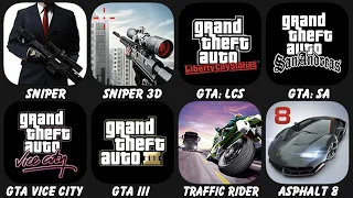 Hitman Sniper, Sniper 3D, GTA: LCS, GTA: SA, GTA Vice City, GTA III, Traffic Rider, Asphalt 8