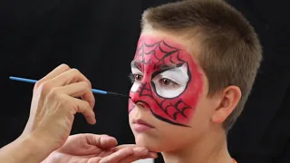 Step-by-Step how to face paint a Spiderman design using Derivan Face and body paints tutorial