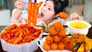 ASMR MUKBANG| Hot spicy Rosé Tteokbokki🔥. Mini Hog dog, Rice ball, Deep-Fried foods.