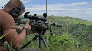 Howa 1500 with Oryx Chassis shooting off a tripod at a gong at 575m in South Africa