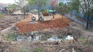 Full Project Land Filling Up By Operator Bulldozer Push Soil with Dump Truck Unloading Soil Process