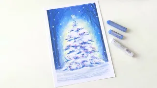 Christmas Tree Winter Landscape ❄️ | Step by step oil pastel drawing for beginners