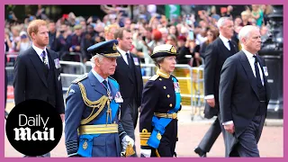 Royals follow Queen Elizabeth II's coffin in procession: King Charles, Prince Harry, Prince William