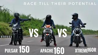 Hero Xtreme 160R Vs Pulsar 150 Vs Apache 160 2v | Race Till Their Potential | Shocking Results