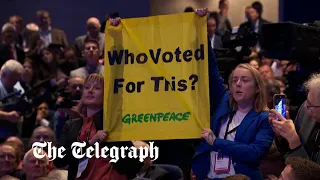 Greenpeace protest interrupts Liz Truss' speech at Tory party conference