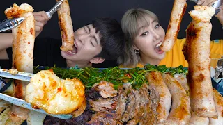 SUB) ASMR MUKBANG 개쫄~~깃! 육즙막터지는 미친소리ㅠㅠ곱창대창막창을 통째로! 양념부추 가득올려서 냠냠! Grilled Beef intestines mukbang