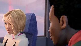 Spiderman into spider verse scene.Gwen and Miles chatting
