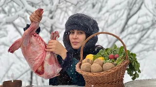 Perfect and delicious lamb kebab in the snowy weather of the village!
