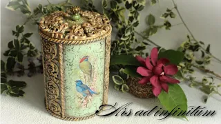 Okrągłe pudełko z motywem ptaków. / Round box with a bird motif. Decoupage. Tutorial.