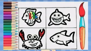 How To Draw Sea Animals || Rainbow fish , Baby Shark , Crab || Drawing & Coloring For Kids / Toddler