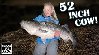 52 INCH Striped Bass Surf Fishing Long Island New York - BIGGEST FISH SHE EVER CAUGHT