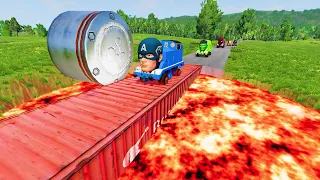 Crazy Super Hero Thomas Train Crossing Lava, Bollards, Water Pit  & Spinning Hammer | BeamNG.Drive