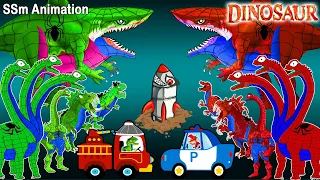 Team SPIDER DINOSAURS T-REX vs. Team SPIDER MEGALODON SHARK  Battle in Jurassic World - CartoonFunny
